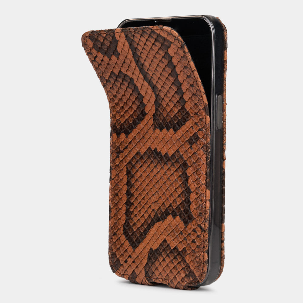 Gold python leather case iPhone 15 Pro Max – front cover partially open, showing the magnetic flap mechanism