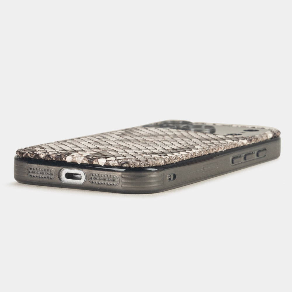 Natural  Python Cover Case iPhone 17 Pro Max - flat side view displaying ultra-thin handcrafted design, USB-C port opening and precise edge finishing