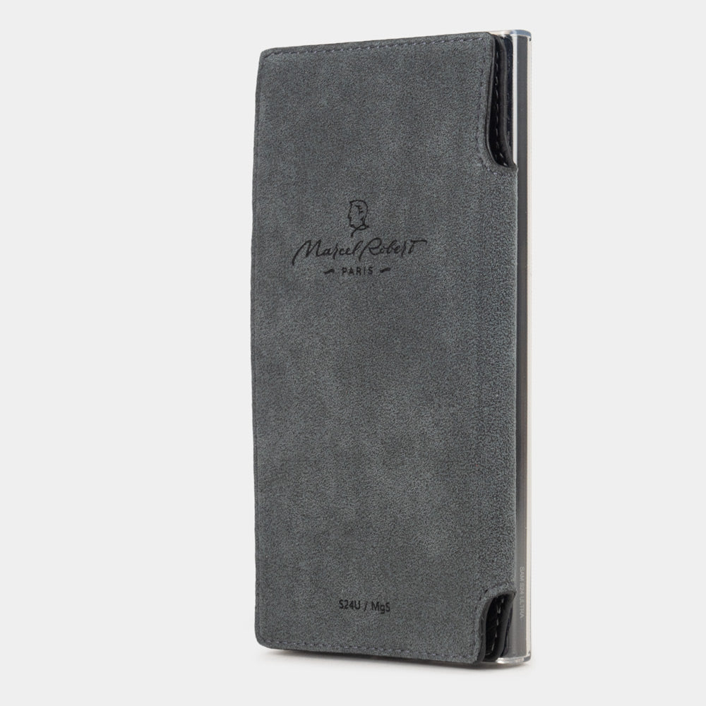 Kalfsleren walletcase Zwart voor Samsung Galaxy S24 Ultra – folio-paneel dankzij ingebouwde magneten plat tegen de achterkant gevouwen, met zichtbare Alcantara®-voering