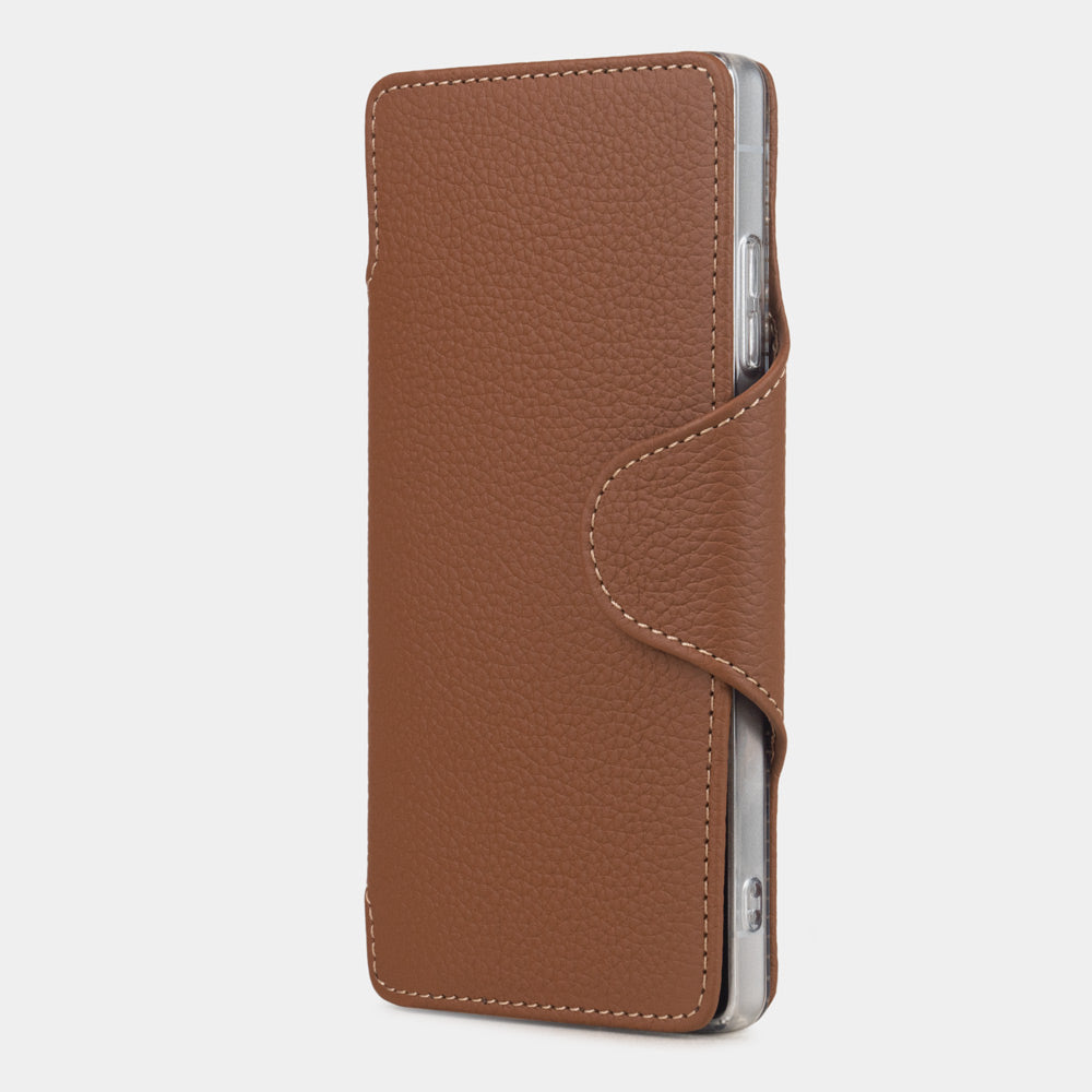 gold leather Samsung S25 Ultra flip wallet case side view showing slim handcrafted leather design