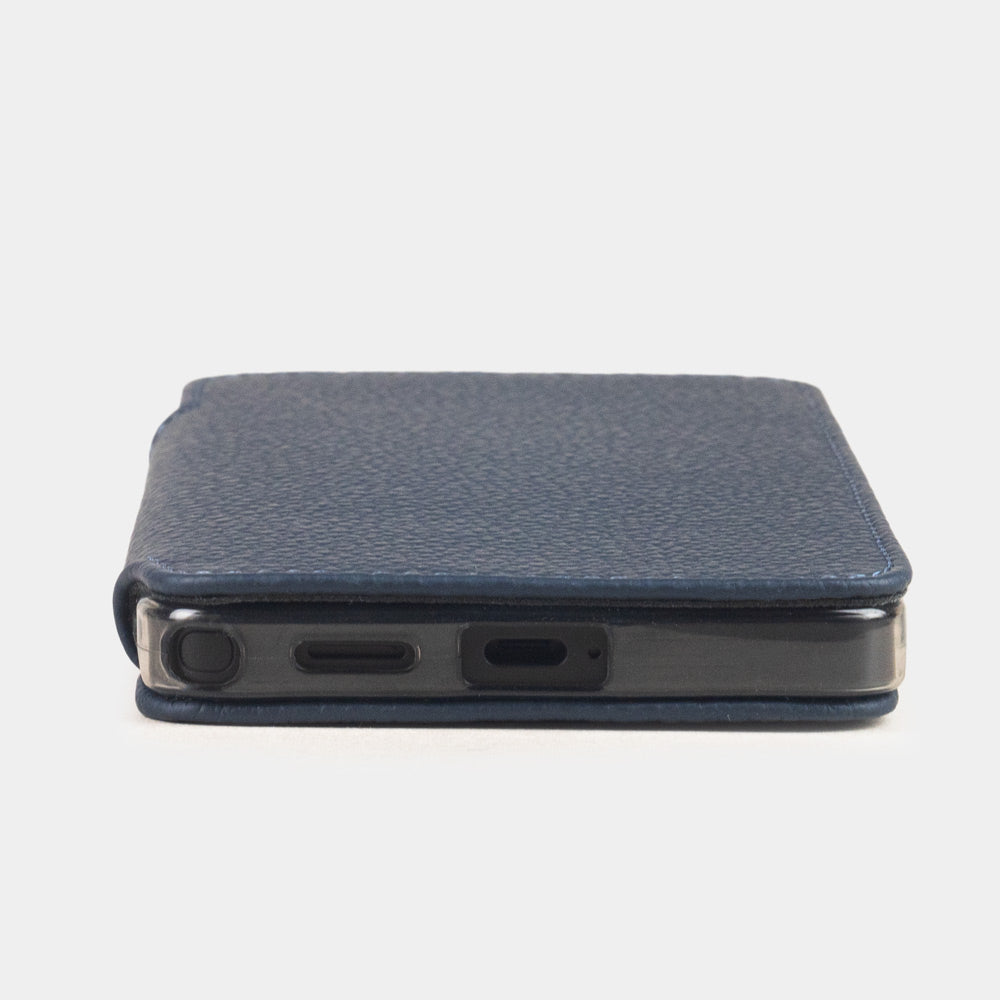 blue calfskin Wallet Case Samsung Galaxy S26 Ultra - flat side view displaying ultra-thin handcrafted design, USB-C port opening and precise edge finishing