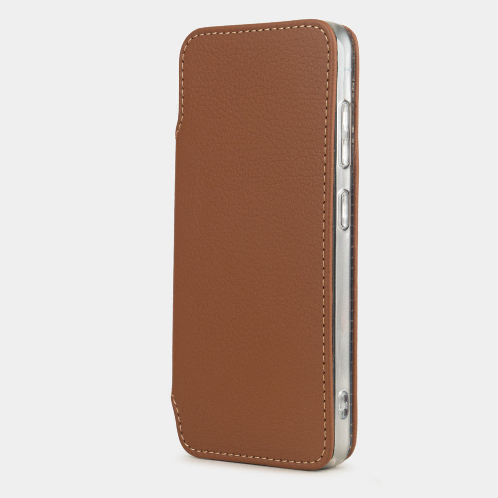 Funda cartera de piel de becerro Oro para Samsung Galaxy S24 – funda folio fina de piel cerrada, vista de perfil