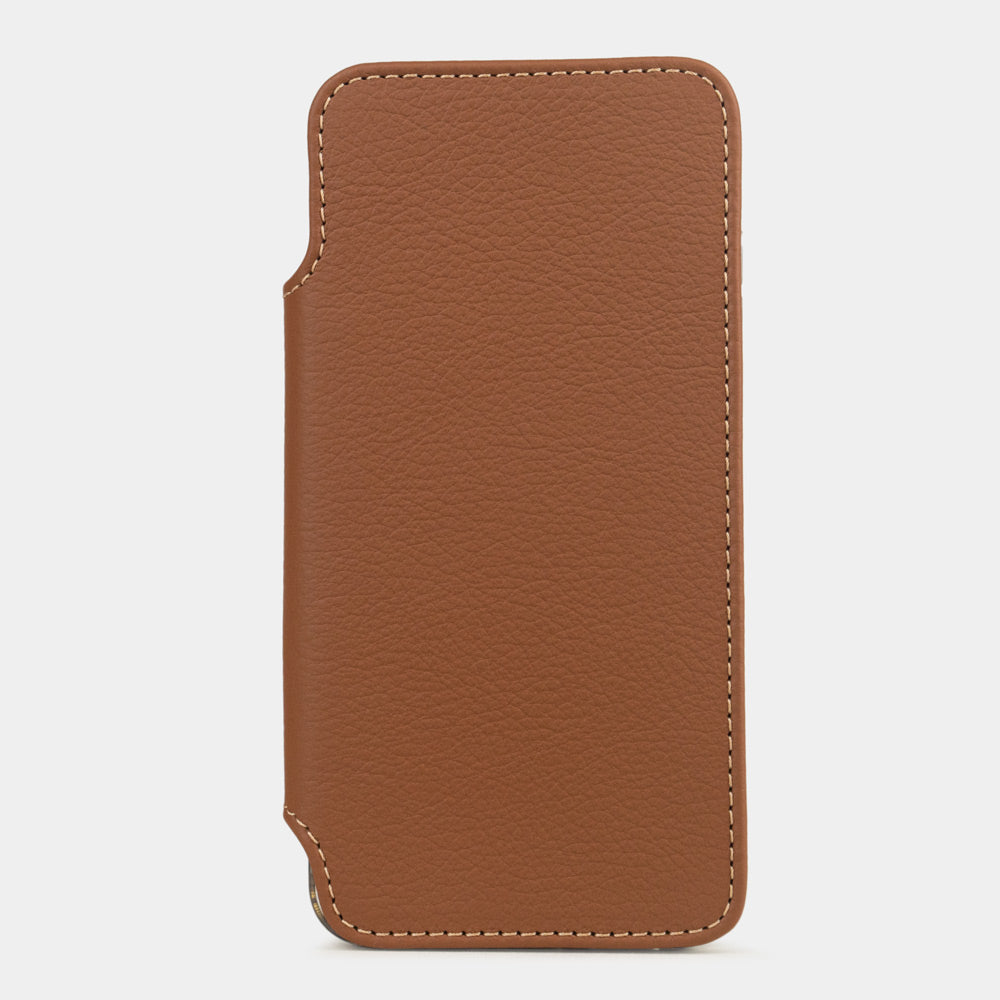 Funda cartera de piel de becerro Oro para Samsung Galaxy S24 – vista frontal del panel folio cerrado, mostrando el grano suave del cuero y las costuras del borde