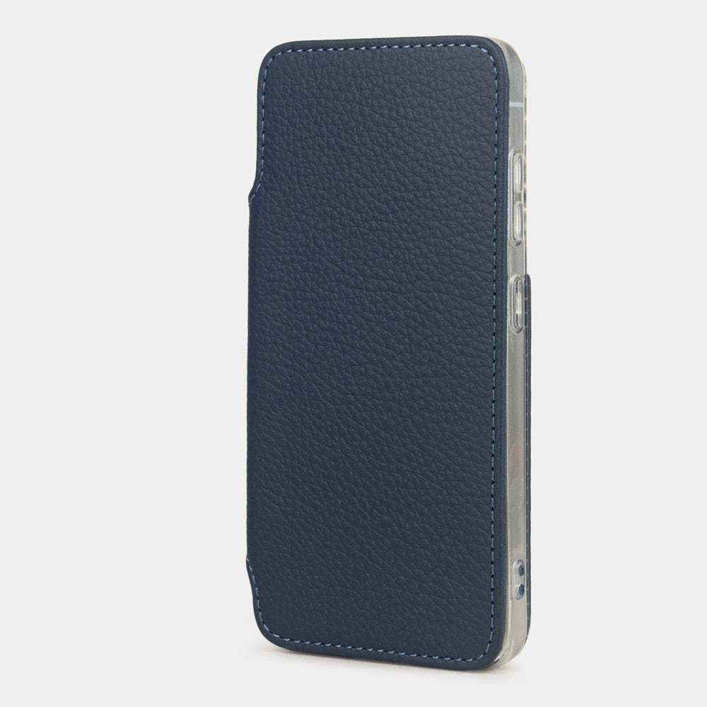 blue calfskin Wallet Case Samsung Galaxy S26 & S26 Plus – upright closed view highlighting the magnetic front cover fully protecting the screen, elegant silhouette