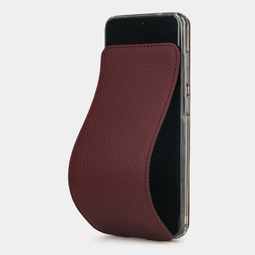 bordeaux calfskin flip case Samsung Galaxy S26 & S26 Plus – luxury handmade phone case in genuine leather with magnetic front cover partially open