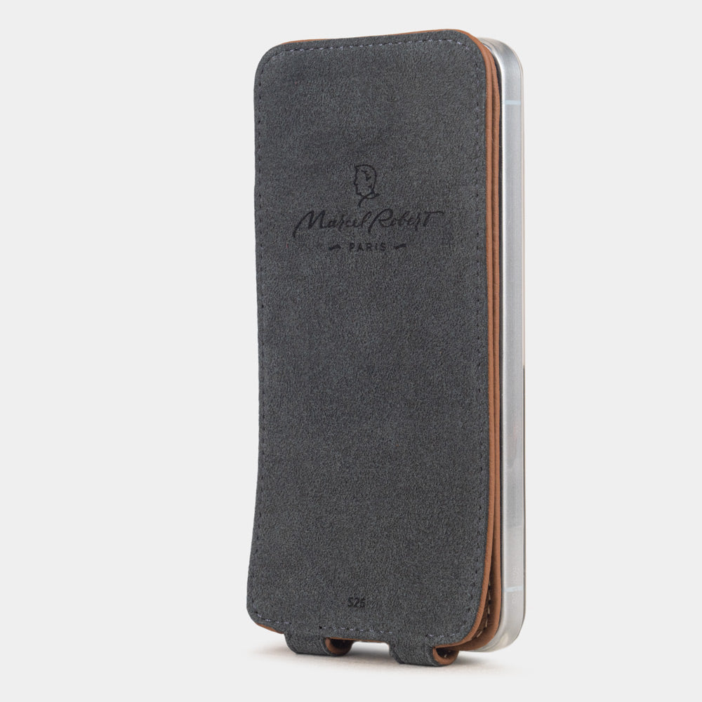 gold leather flip case Samsung S26 & S26 plus Alcantara-lined magnetic flap that folds back during calls