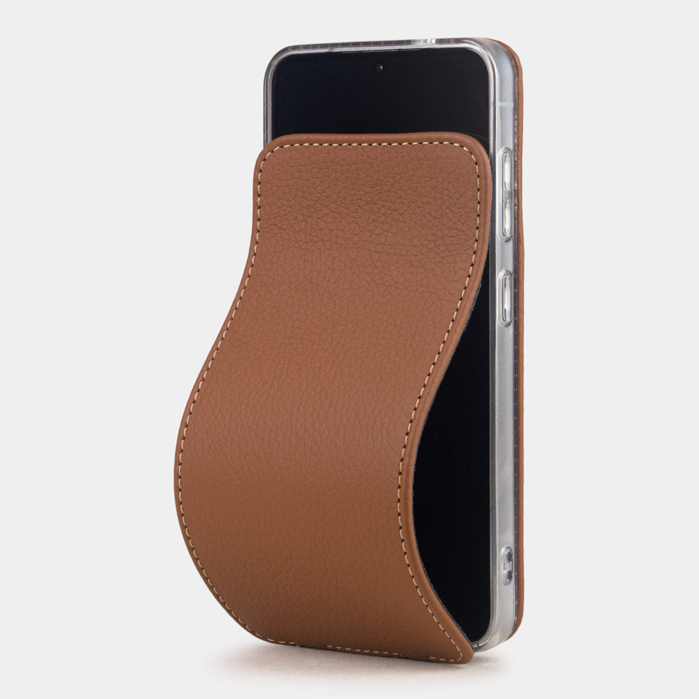 gold calfskin flip case Samsung Galaxy S26 & S26 Plus – luxury handmade phone case in genuine leather with magnetic front cover partially open