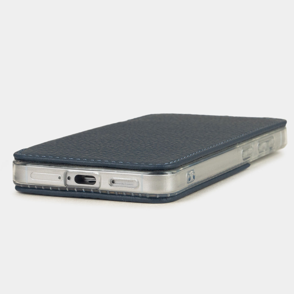 blue calfskin Wallet Case Samsung Galaxy S26 & S26 Plus - flat side view displaying ultra-thin handcrafted design, USB-C port opening and precise edge finishing