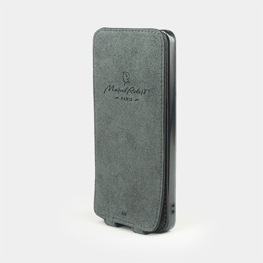black leather flip case Samsung S26 & S26 plus Alcantara-lined magnetic flap that folds back during calls