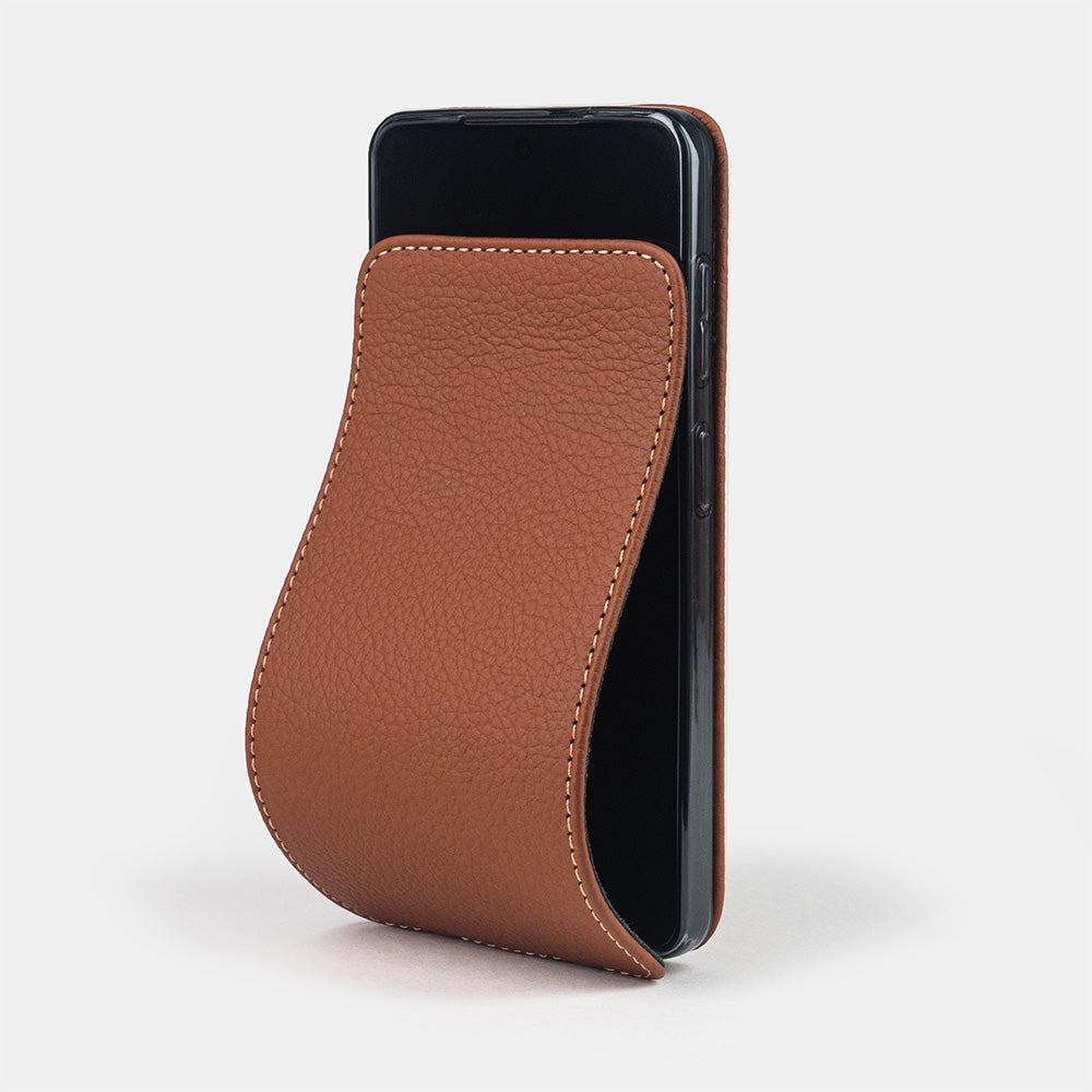Gold calfskin flip case Samsung Galaxy S26 & S26 Plus – luxury handmade phone case in genuine leather with magnetic front cover partially open
