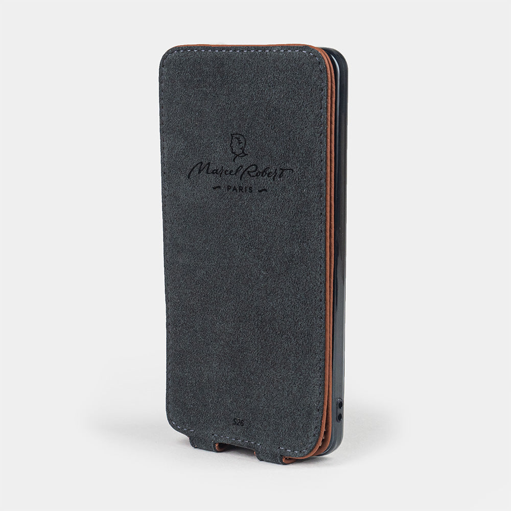 gold leather flip case Samsung S26 & S26 plus Alcantara-lined magnetic flap that folds back during calls