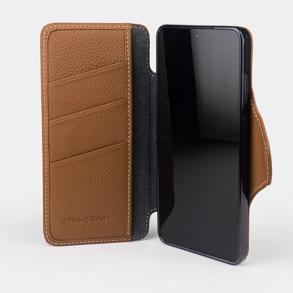 gold leather Samsung S26 Ultra wallet cardholder case opened showing interior card holder slots
