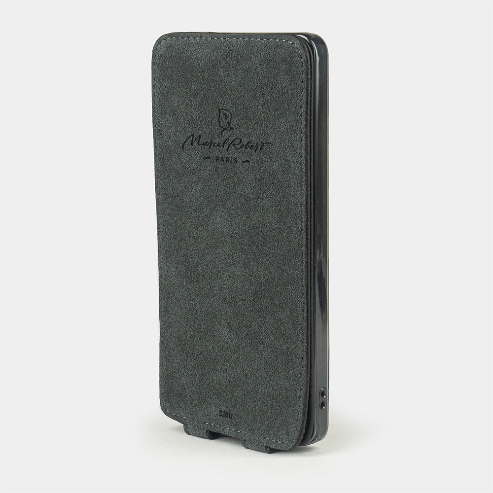 Samsung S26 Ultra black leather flip case Alcantara-lined magnetic flap that folds back during calls