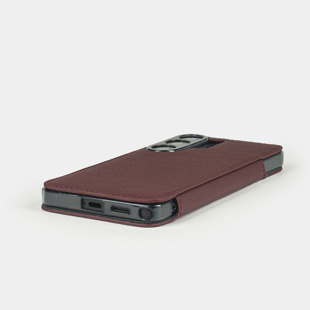 bordeaux calfskin Wallet Case Samsung Galaxy S26 Ultra - flat side view displaying ultra-thin handcrafted design, USB-C port opening and lenses protection