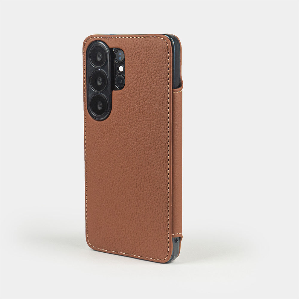 gold calfskin Wallet Case Samsung Galaxy S26 Ultra - view from camera side and how the lenses are efficiently protected