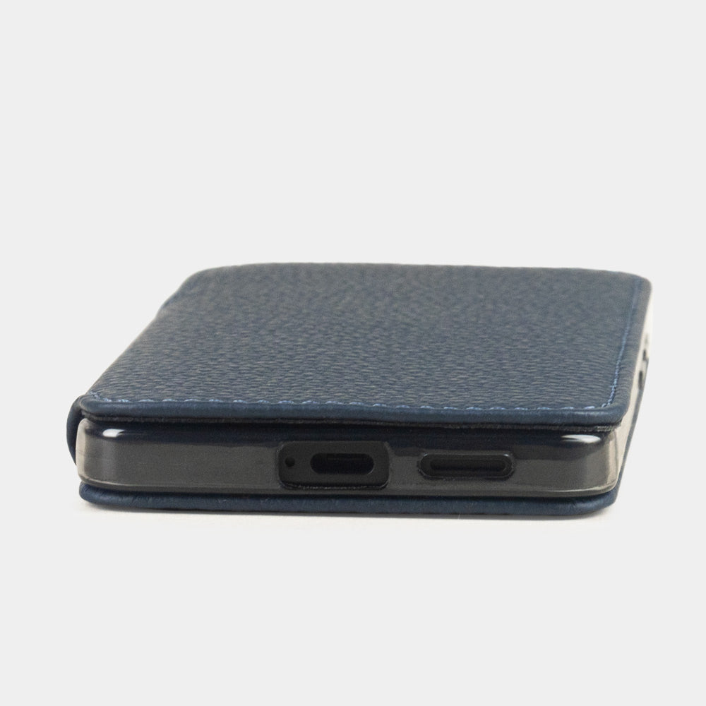 blue calfskin Wallet Case Samsung Galaxy S26 & S26 Plus - flat side view displaying ultra-thin handcrafted design, USB-C port opening and precise edge finishing