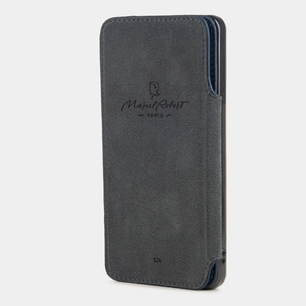 blue calfskin Wallet Case Samsung Galaxy S26 - case with grey Alcantara lining shown open on smartphone