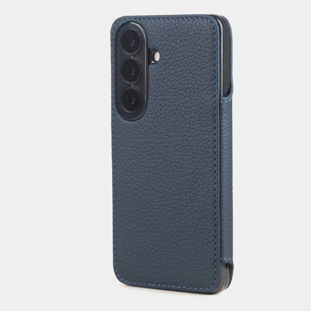 blue calfskin Wallet Case Samsung Galaxy S26 & S26 plus - view from camera side and how the lenses are efficiently protected
