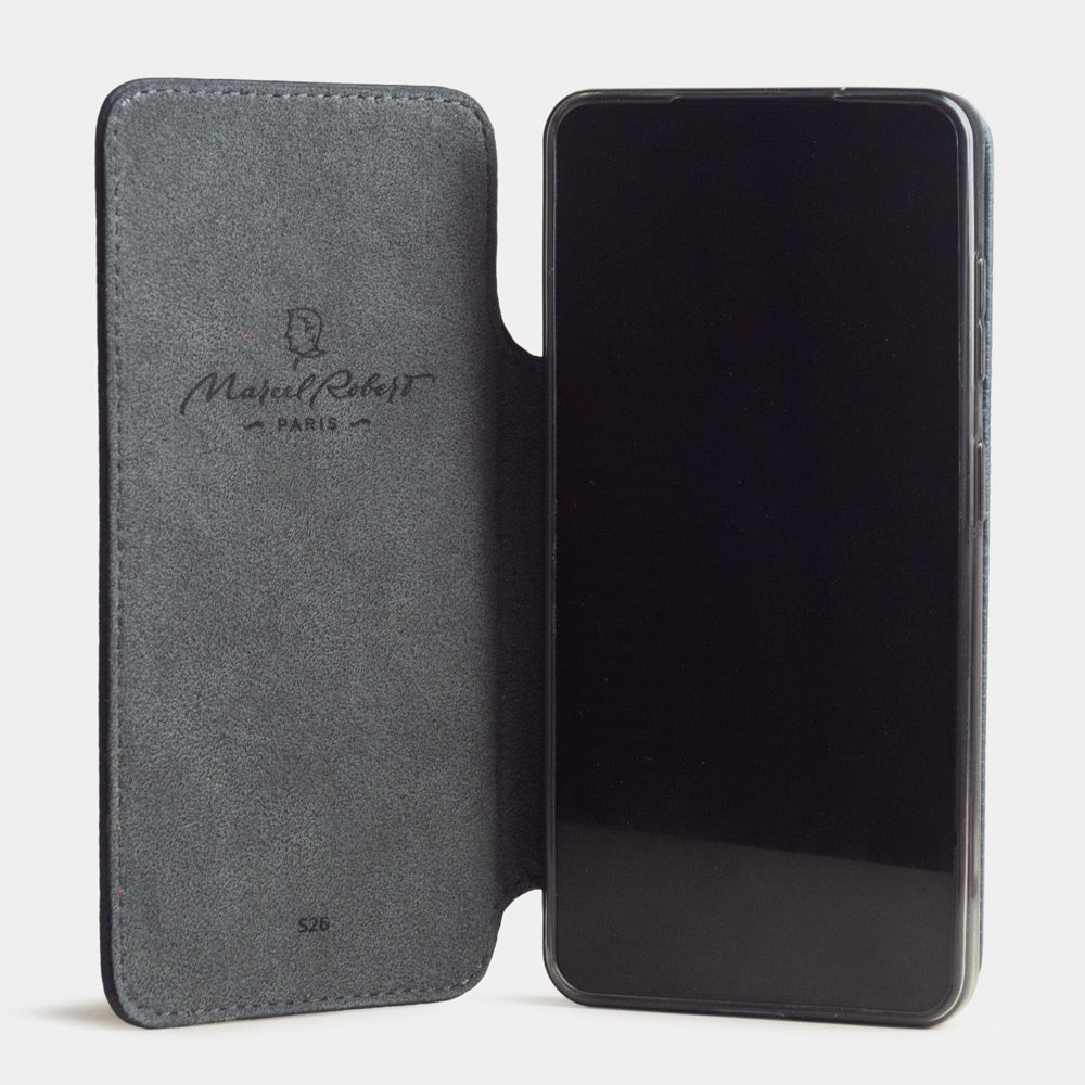 blue calfskin Wallet Case Samsung Galaxy S26 & S26 Plus - case withs grey Alcantara lining shown open on smartphone