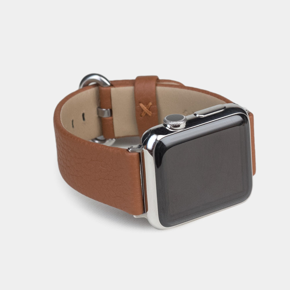 Armband für die Apple Watch 41/42 mm aus weichem genarbtem Kalbsleder in Gold, mit Adaptern und Schnalle aus Edelstahl | 3/4-Ansicht des Innenfutters aus Leder