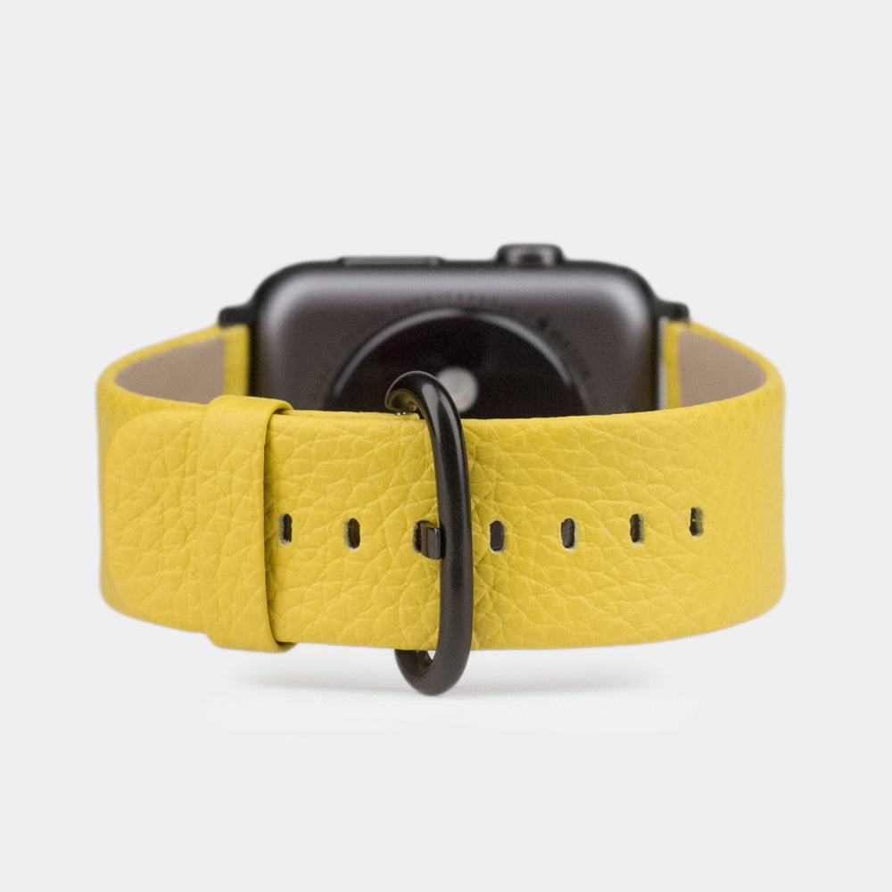 Armband für die Apple Watch 41/42 mm aus weichem genarbtem Kalbsleder in Gelb, mit schwarzen Adaptern und Schnalle | Hauptansicht