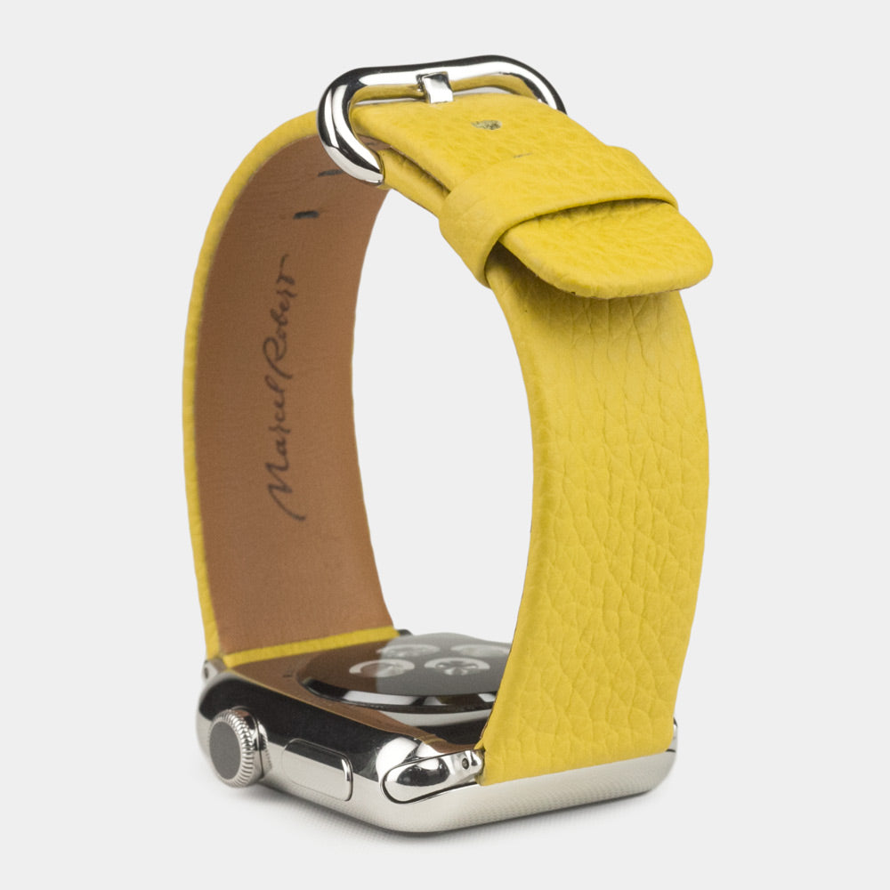 Armband für die Apple Watch 41/42 mm aus weichem genarbtem Kalbsleder in Gelb, mit Adaptern und Schnalle aus Edelstahl | vollständige Seitenansicht zur Ansicht der Armbandstärke