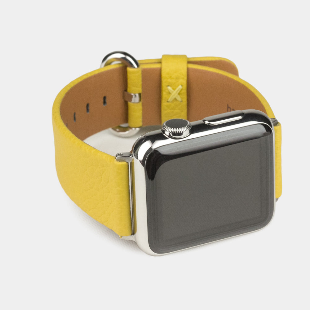 Armband für die Apple Watch 41/42 mm aus weichem genarbtem Kalbsleder in Gelb, mit Adaptern und Schnalle aus Edelstahl | 3/4-Ansicht des Innenfutters aus Leder