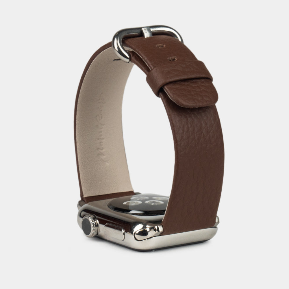Armband für die Apple Watch 41/42 mm aus weichem genarbtem Kalbsleder in Braun, mit Adaptern und Schnalle aus Edelstahl | vollständige Seitenansicht zur Ansicht der Armbandstärke