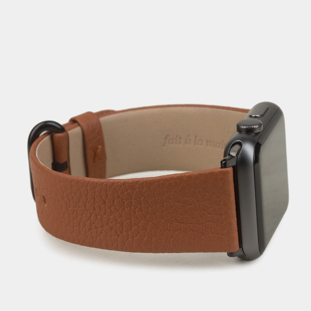 Armband für die Apple Watch 41/42 mm aus weichem genarbtem Kalbsleder in Gold, mit schwarzen Adaptern und Schnalle | 3/4-Ansicht des Innenfutters aus Leder