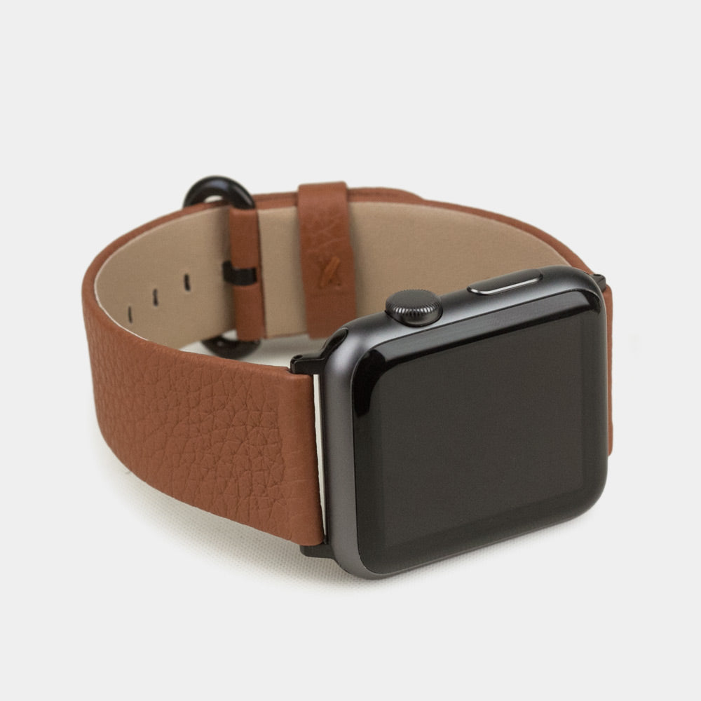 Armband für die Apple Watch 41/42 mm aus weichem genarbtem Kalbsleder in Gold, mit schwarzen Adaptern und Schnalle | Gehäuse unten, um Lederstruktur, Innenfutter und Schließe zu sehen