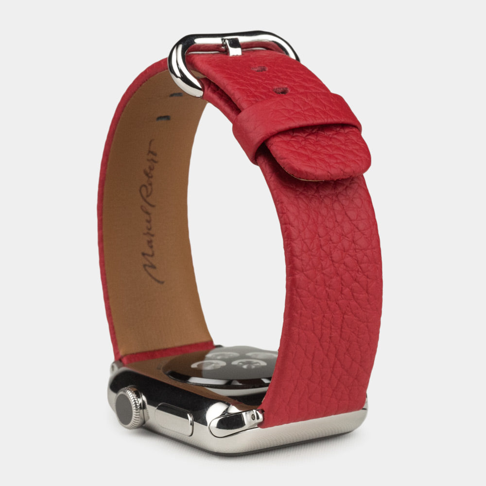 Armband für die Apple Watch 41/42 mm aus weichem genarbtem Kalbsleder in Rot, mit Adaptern und Schnalle aus Edelstahl | vollständige Seitenansicht zur Ansicht der Armbandstärke