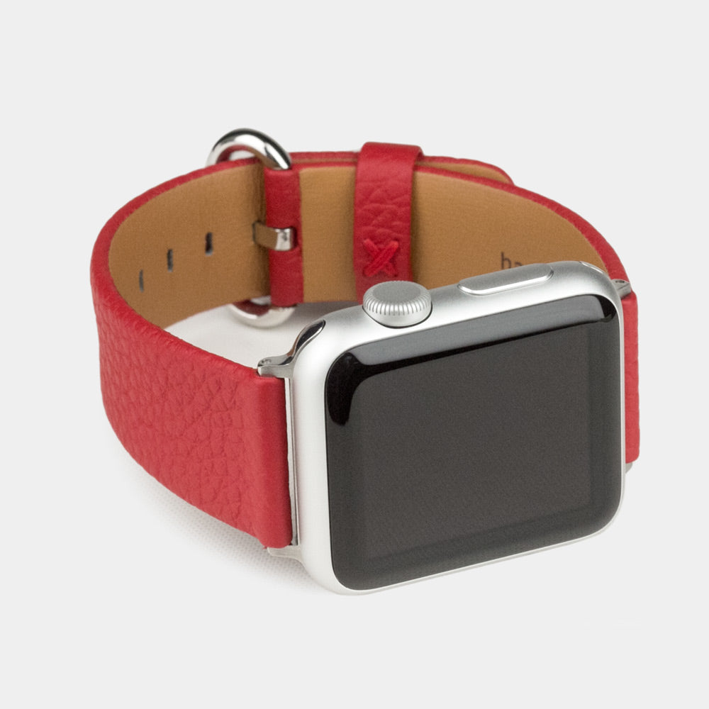 Armband für die Apple Watch 41/42 mm aus weichem genarbtem Kalbsleder in Rot, mit Adaptern und Schnalle aus Edelstahl | 3/4-Ansicht des Innenfutters aus Leder
