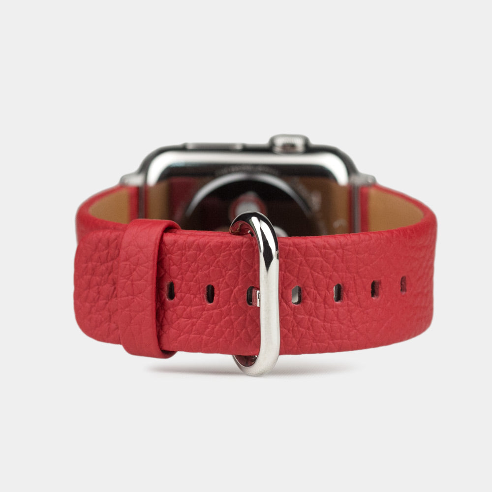 Armband für die Apple Watch 41/42 mm aus weichem genarbtem Kalbsleder in Rot, mit Adaptern und Schnalle aus Edelstahl | Gehäuse unten, um Lederstruktur, Innenfutter und Schließe zu sehen