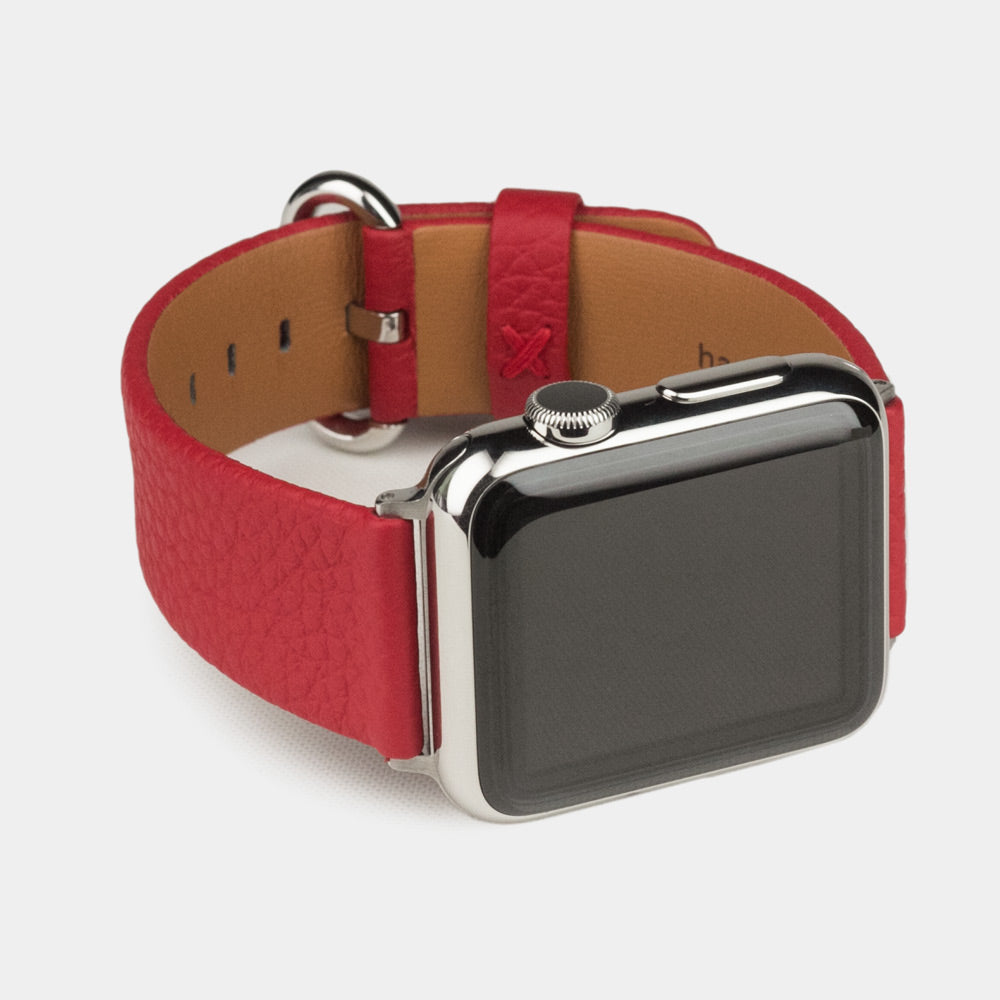 Armband für die Apple Watch 41/42 mm aus weichem genarbtem Kalbsleder in Rot, mit Adaptern und Schnalle aus Edelstahl | Hauptansicht