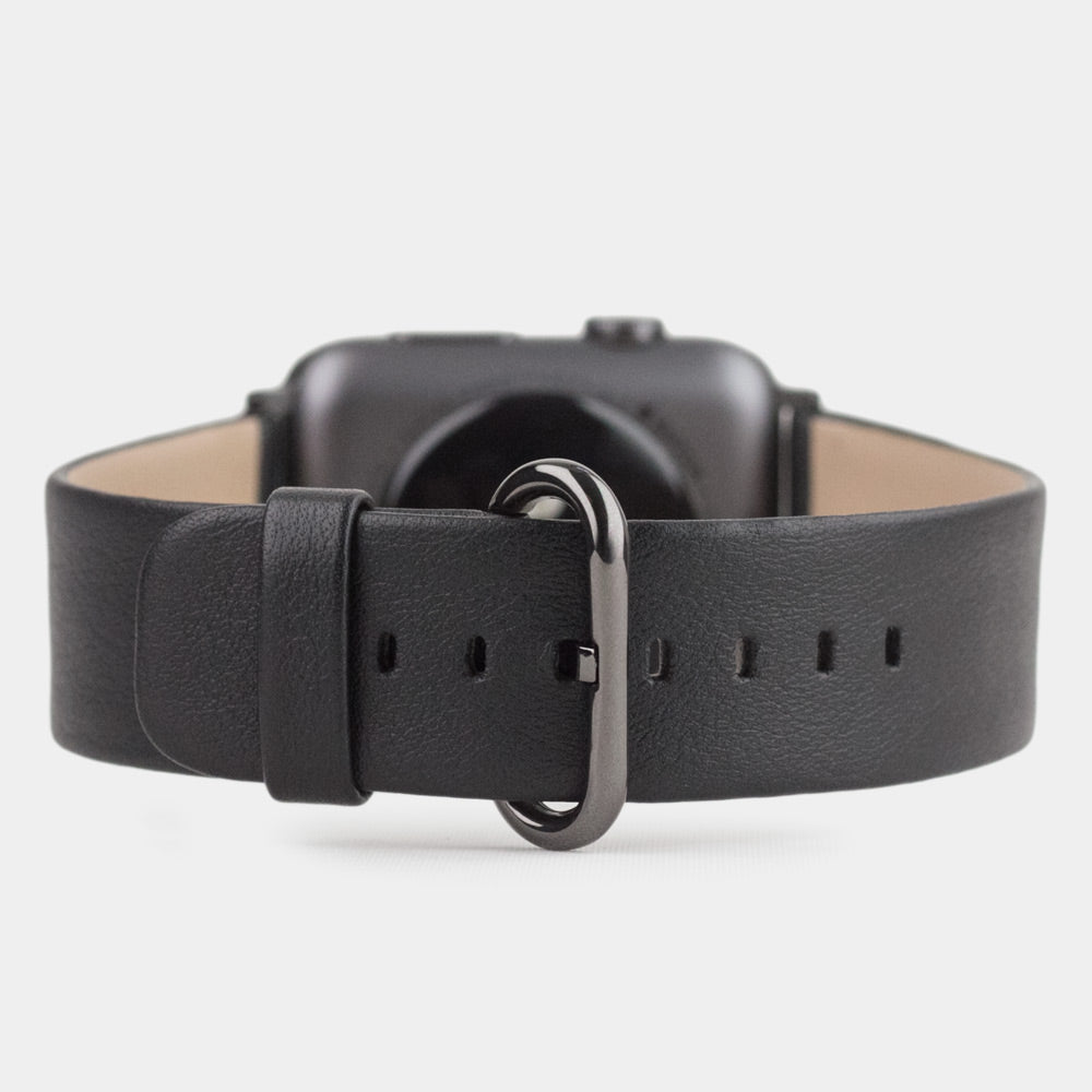 Cinturino per Apple Watch 45/46 mm in pelle di vitello liscia color nero, con adattatori e fibbia neri | vista principale