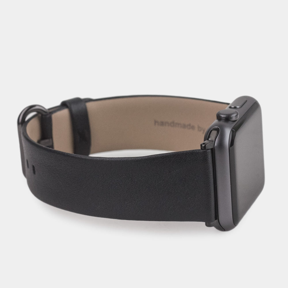 Cinturino per Apple Watch 45/46 mm in pelle di vitello liscia color nero, con adattatori e fibbia neri | vista di 3/4 per vedere la pelle della fodera interna