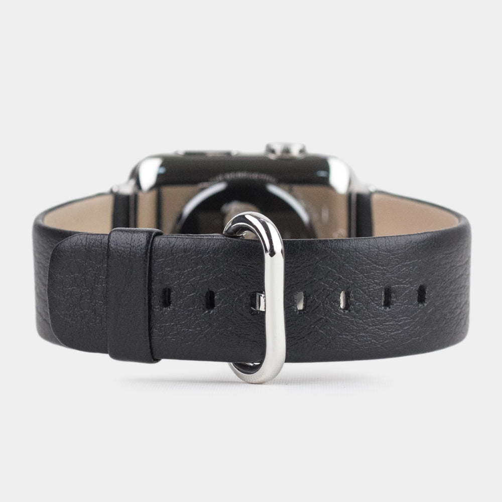 Cinturino per Apple Watch 45/46 mm in pelle di vitello liscia color nero, con adattatori e fibbia in acciaio | vista principale