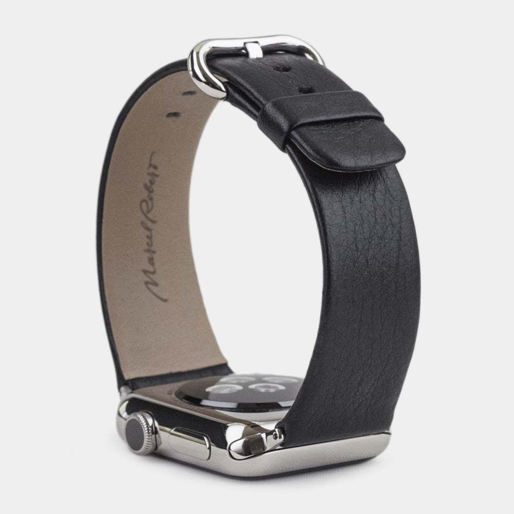 Cinturino per Apple Watch 45/46 mm in pelle di vitello liscia color nero, con adattatori e fibbia in acciaio | cassa in basso per vedere la trama della pelle, la fodera interna e la fibbia