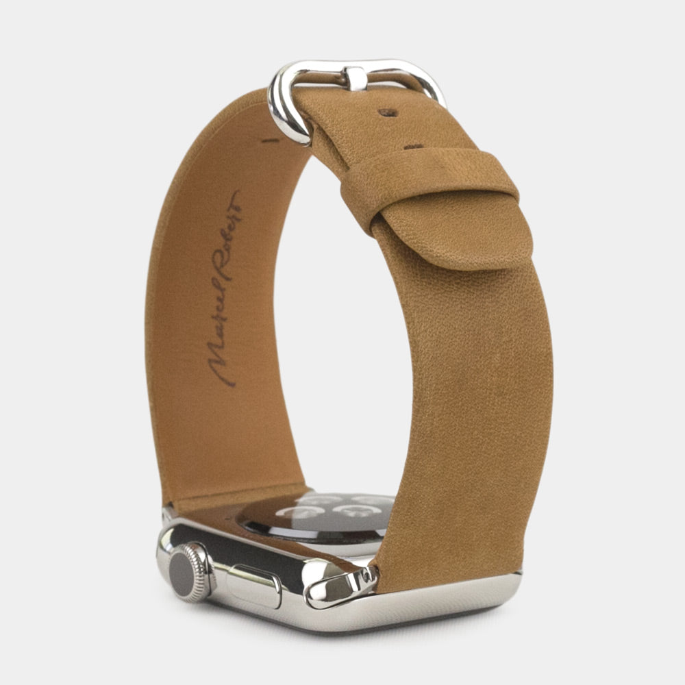 Cinturino per Apple Watch 45/46 mm in pelle di vitello liscia color vintage, con adattatori e fibbia in acciaio | cassa in basso per vedere la trama della pelle, la fodera interna e la fibbia