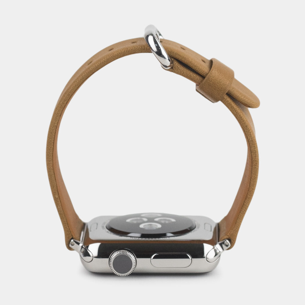 Cinturino per Apple Watch 45/46 mm in pelle di vitello liscia color vintage, con adattatori e fibbia in acciaio | vista di profilo completa per vedere lo spessore del cinturino