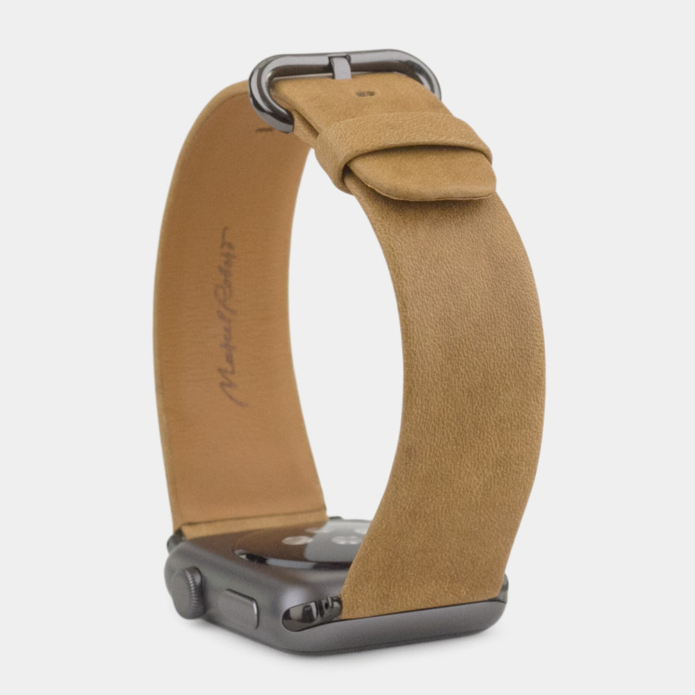 Cinturino per Apple Watch 45/46 mm in pelle di vitello liscia color vintage, con adattatori e fibbia neri | cassa in basso per vedere la trama della pelle, la fodera interna e la fibbia