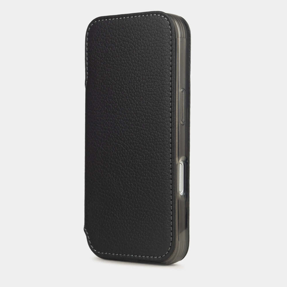 black Calfskin Wallet Case iPhone 17 Air – upright closed view highlighting the magnetic front cover fully protecting the screen, elegant silhouette
