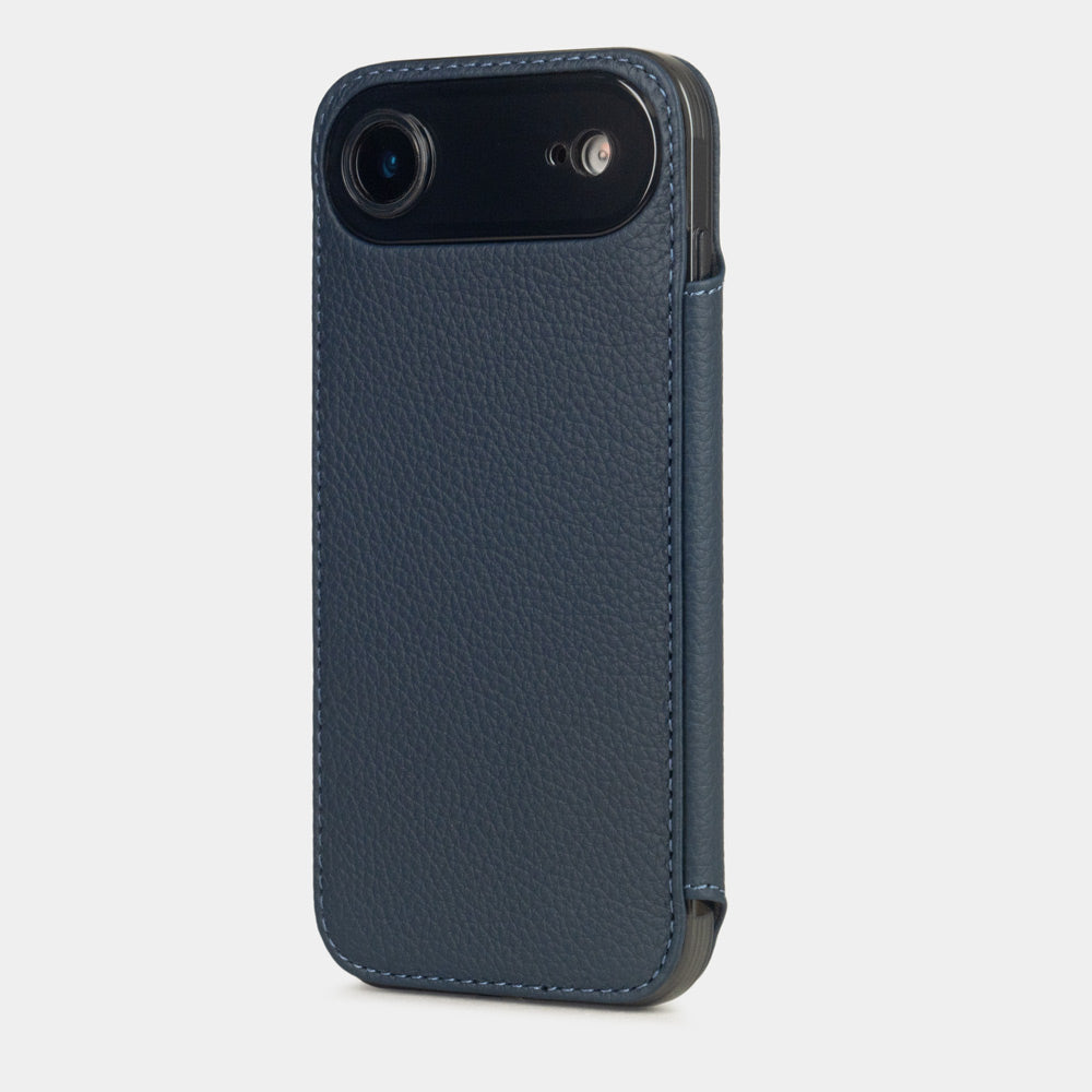 blue Calfskin Wallet Case iPhone 17 Air - view from camera side and how the lenses are efficiently protected