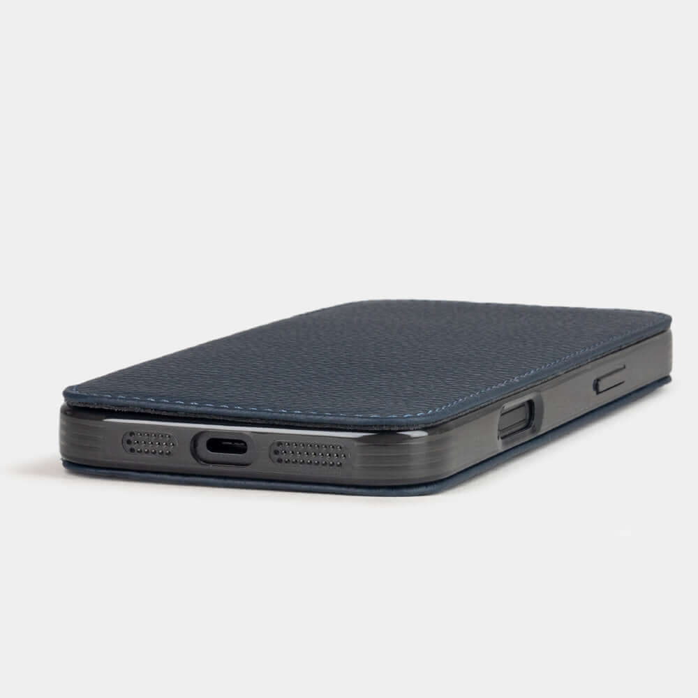 blue Calfskin Wallet Case iPhone 17 Air - flat side view displaying ultra-thin handcrafted design, USB-C port opening and precise edge finishing