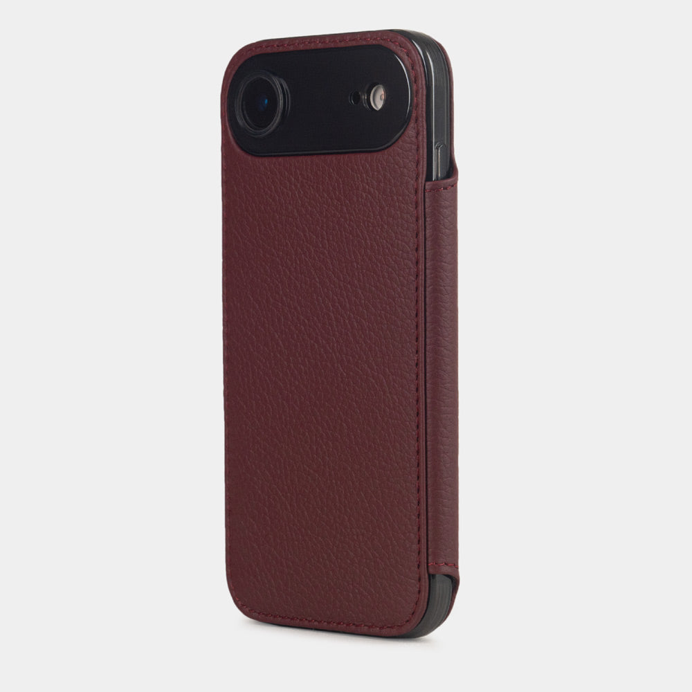 Bordeaux Calfskin Wallet Case iPhone 17 Air - view from camera side and how the lenses are efficiently protected