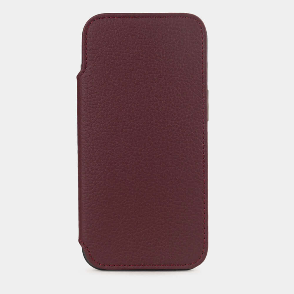 Bordeaux Calfskin Wallet Case iPhone 17 Air – upright closed view highlighting the magnetic front cover fully protecting the screen, elegant silhouette
