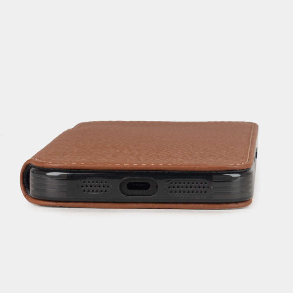 gold Calfskin Wallet Case iPhone 17 Air - flat side view displaying ultra-thin handcrafted design, USB-C port opening and precise edge finishing