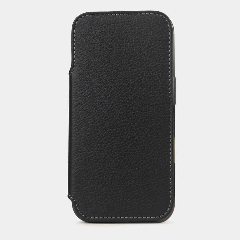 Black Calfskin Wallet Case iPhone 17 – upright closed view highlighting the magnetic front cover fully protecting the screen, elegant silhouette
