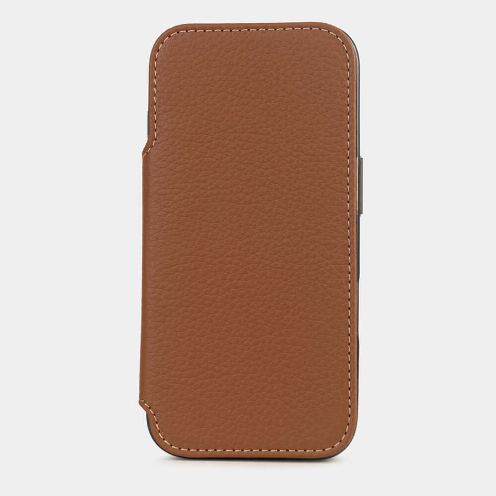 Gold Calfskin Wallet Case iPhone 17 – upright closed view highlighting the magnetic front cover fully protecting the screen, elegant silhouette
