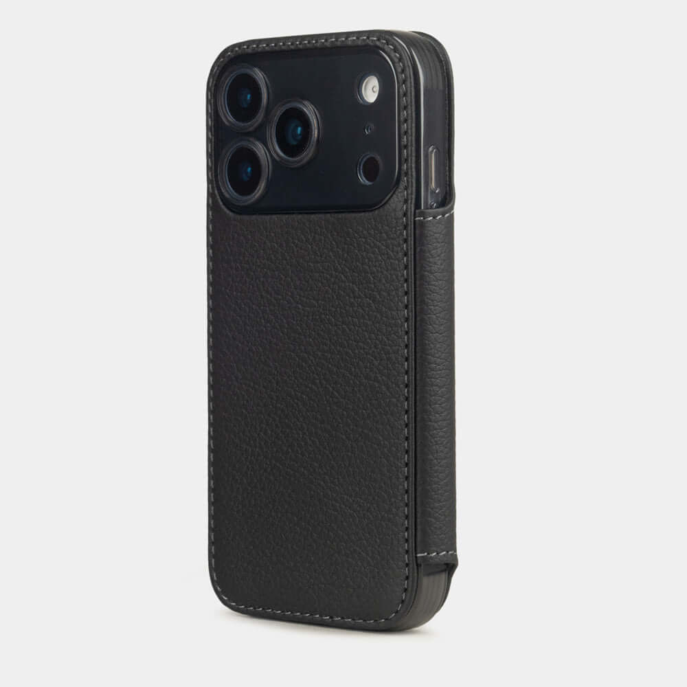 Black Calfskin Wallet Case iPhone 17 Pro Max blue - view from camera side and how the lenses are efficiently protected
